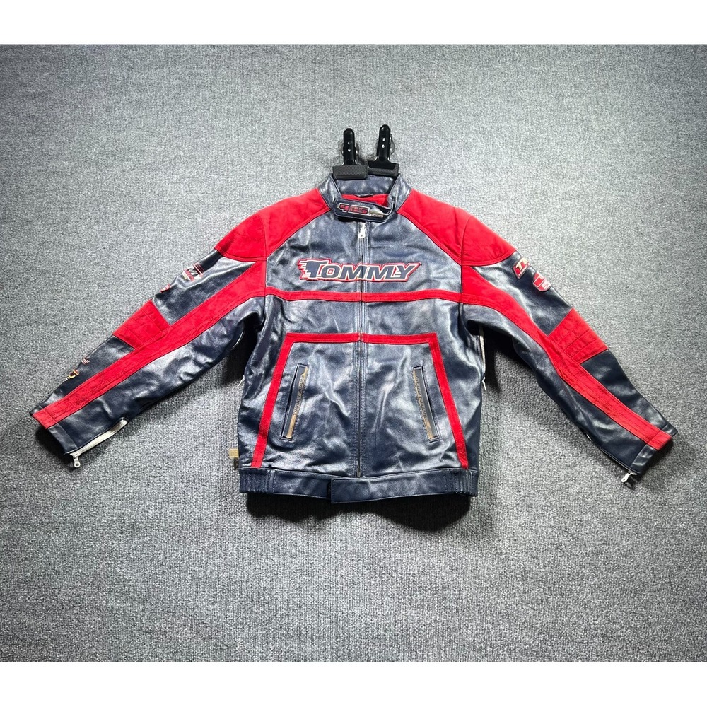 Vintage Tommy Hilfiger Motorcycle Jacket Mens Medium Navy Red Leather Moto Biker